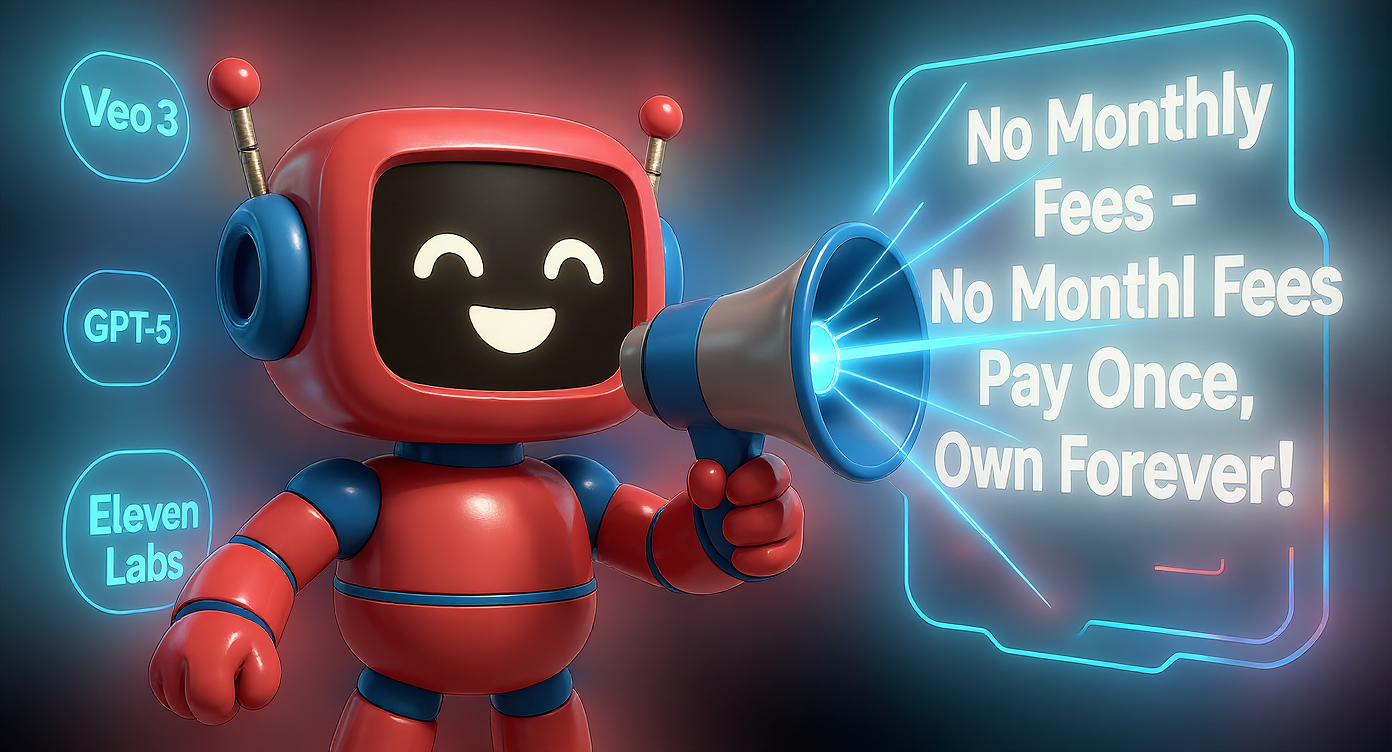 The same robot holding a futuristic megaphone, speaking into it, with glowing sound waves coming out that say: “No Monthly Fees – Pay Once, Own Forever!” The background has floating text bubbles with phrases like “Veo 3”, “GPT-5”, “ElevenLabs.” The scene is dynamic, colorful, and futuristic.