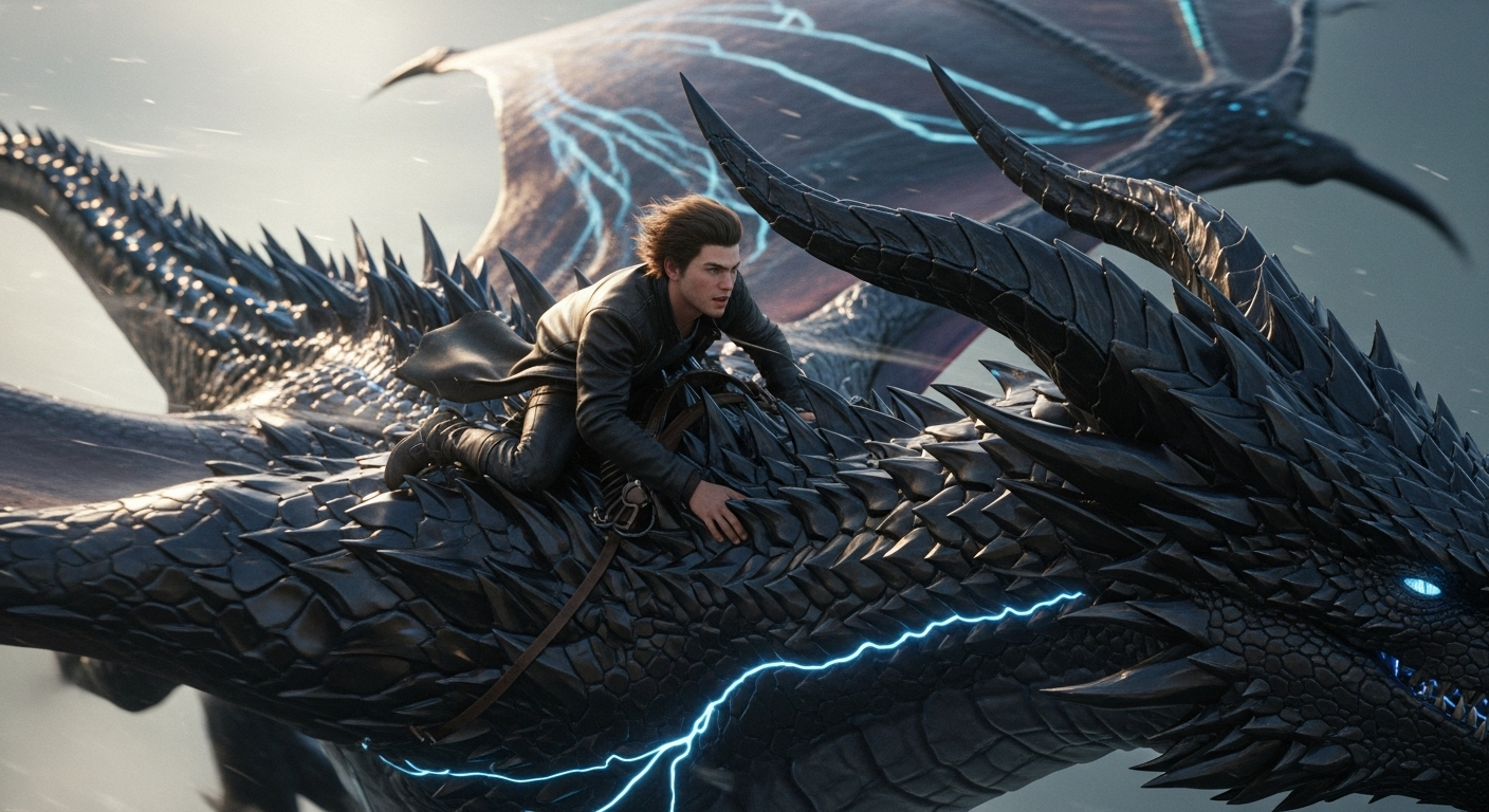 A first-person cinematic view of a man riding a massive, super-fast dragon with shimmering obsidian-black scales and glowing blue veins of energy under its skin. The dragon has razor-sharp horns curving back, glowing blue eyes, and enormous, leathery wings streaked with faint bioluminescent patterns. The rider is a determined young man wearing a dark leather jacket with wind-swept brown hair, clinging tightly to the dragon’s neck as the wind rushes past. The camera is immersive, with slight cinematic motion blur and filmic lighting. Wide-screen 16:9 cinematic shot.